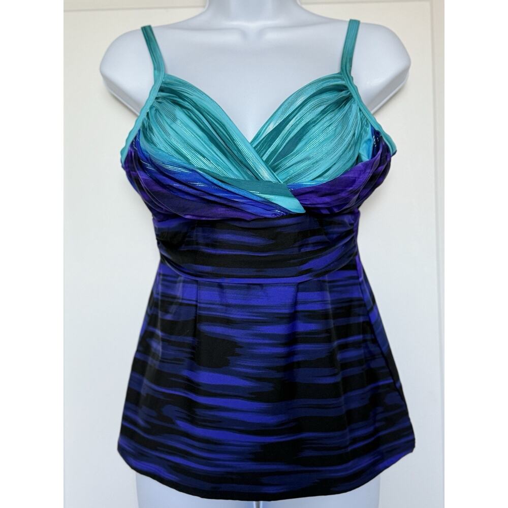 Miraclesuit Deep End CARUSO Ruched Blue/Purple Tankini Swim‎ Top, US 10 EUC